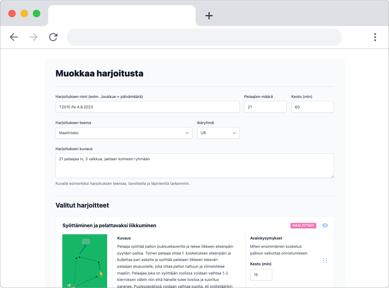 Yksi työnkulku harjoiteideasta valmiiseen suunnitelmaan.
