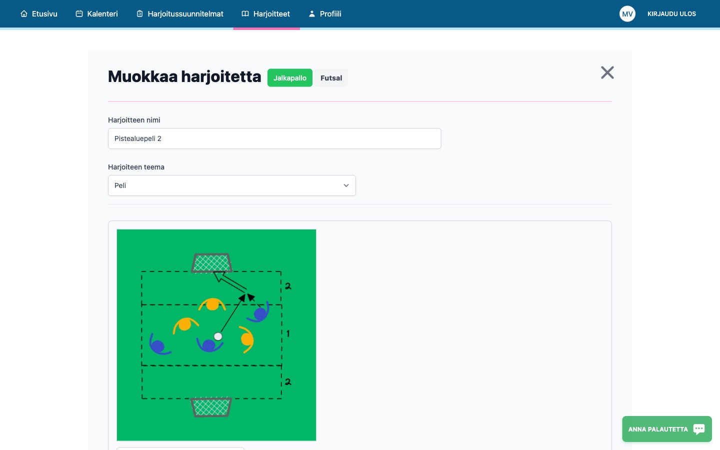 Harjoitteen muokkausnäkymä jossa näkyy kenttäasetelma ja pelaajat