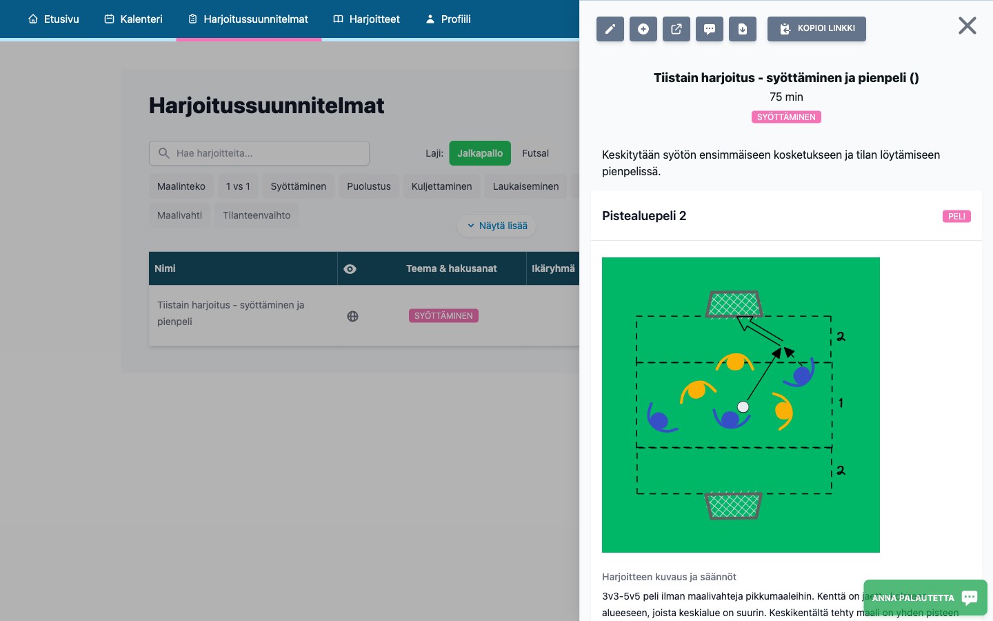 Harjoitussuunnitelman esikatselu jossa näkyy sisältö ja jakotoiminnot